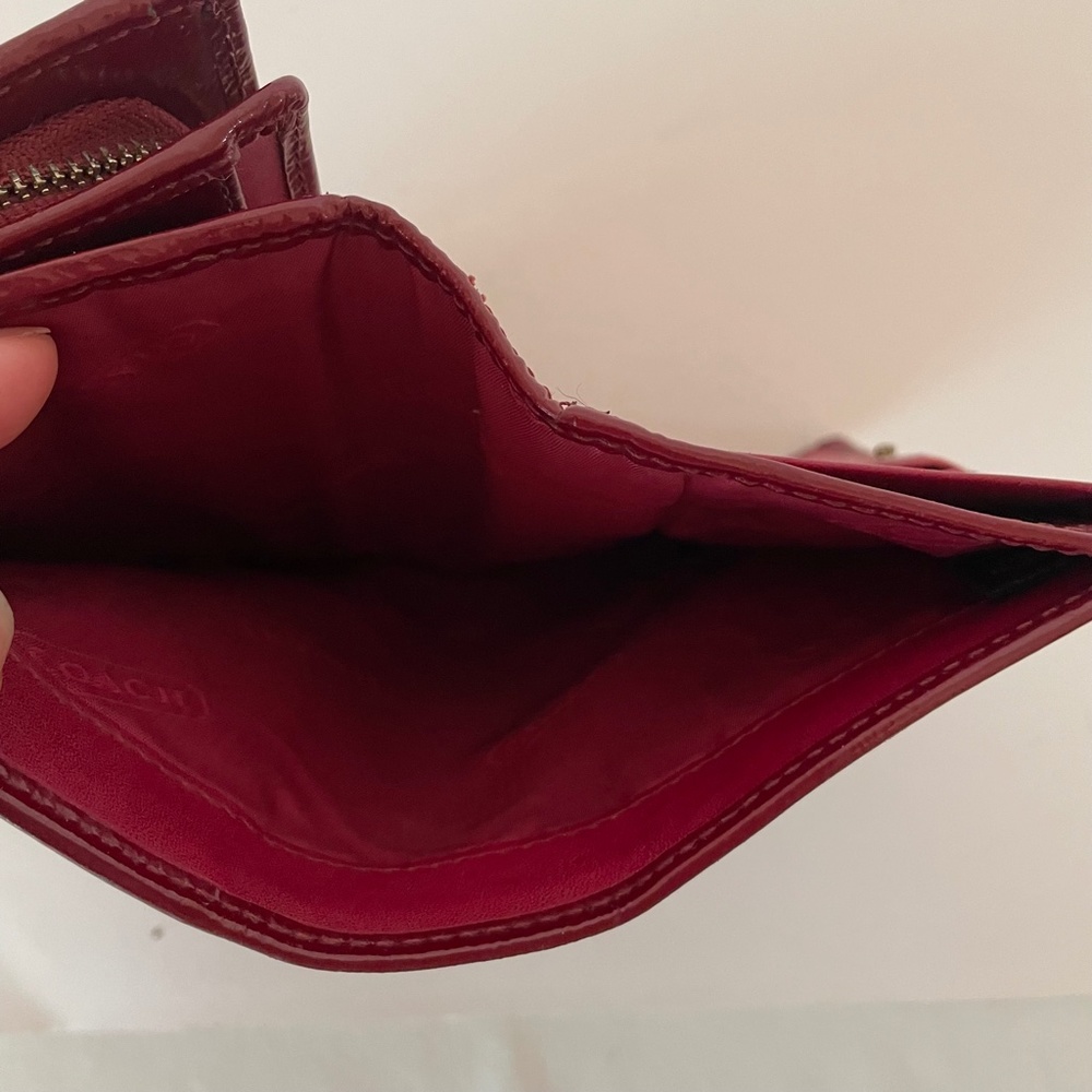 Coach Large Bifold Signature Canvas Burgundy Patent Leather Wallet - Picture 7 of 14